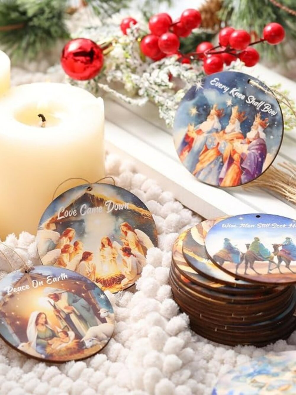 Soaoo 60 Pcs Christmas Nativity Scene Ornaments Bulk Wooden Decor, Novel